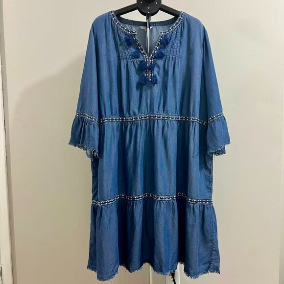 NWOT John Mark Embroidered V-Neck 3/4 Cinched Sleeve Tassel Tie Front Dress 3X - Picture 2 of 12